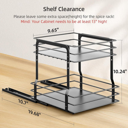 Pull Out Spice Rack Organizer for inside Cabinet, 2 Tier Spice Organization for Cabinet, 9.65"W X 10.7"D X 10.24"H, Vertical Slide Out Seasoning Organizer, Black (Not for Cabinet with Lip)