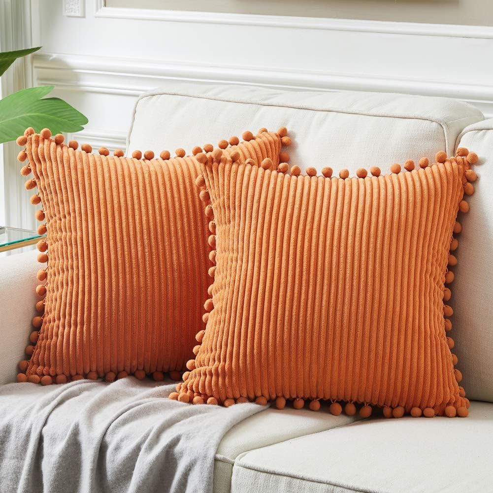 Pack of 2 Corduroy Fall Decorative Throw Pillow Covers with Pom-Poms, Solid Square Cushion Case Pillow Cases Set for Couch Sofa Bedroom Car Living Room (18X18 Inch/45X45 Cm, Orange)