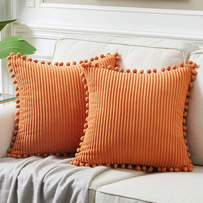 Pack of 2 Corduroy Fall Decorative Throw Pillow Covers with Pom-Poms, Solid Square Cushion Case Pillow Cases Set for Couch Sofa Bedroom Car Living Room (18X18 Inch/45X45 Cm, Orange)