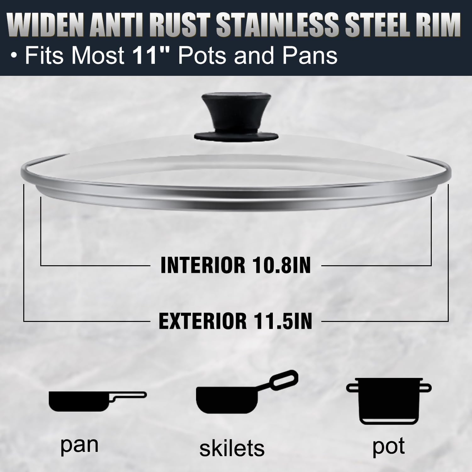 Tempered Glass Lid for 11 Inch Cookware - Cooking Pot Lid with Heat Resistant Silicone Handle, Clear Frying Pan Lid Fits Pots, Pans and Skillets, Dishwasher-Safe