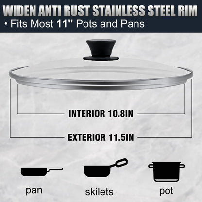 Tempered Glass Lid for 11 Inch Cookware - Cooking Pot Lid with Heat Resistant Silicone Handle, Clear Frying Pan Lid Fits Pots, Pans and Skillets, Dishwasher-Safe