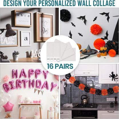 Picture Hanging Strips Heavy Duty, Small 16 Pairs (32 Strips) Frame Hangers Strips for Walls, Pictures Hanging Kit without Nail, Damage Free Adhesive Poster Strips for Decor, Art, Mirror