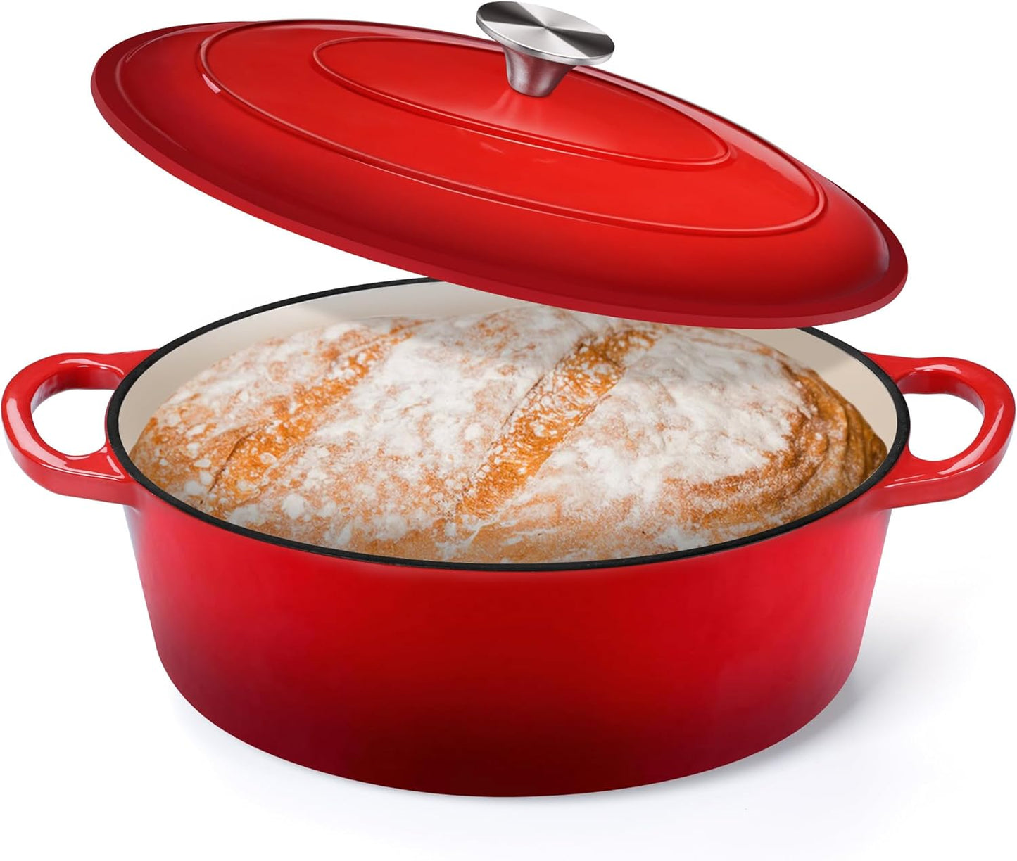 Oval Dutch Oven with Lid, Enameled Cast Dutch Oven Pot for Bread Baking, Braising, Stewing, Roasting, Non-Stick & Oven Safe, Dual Handles & Easy Clean, 5QT & Red