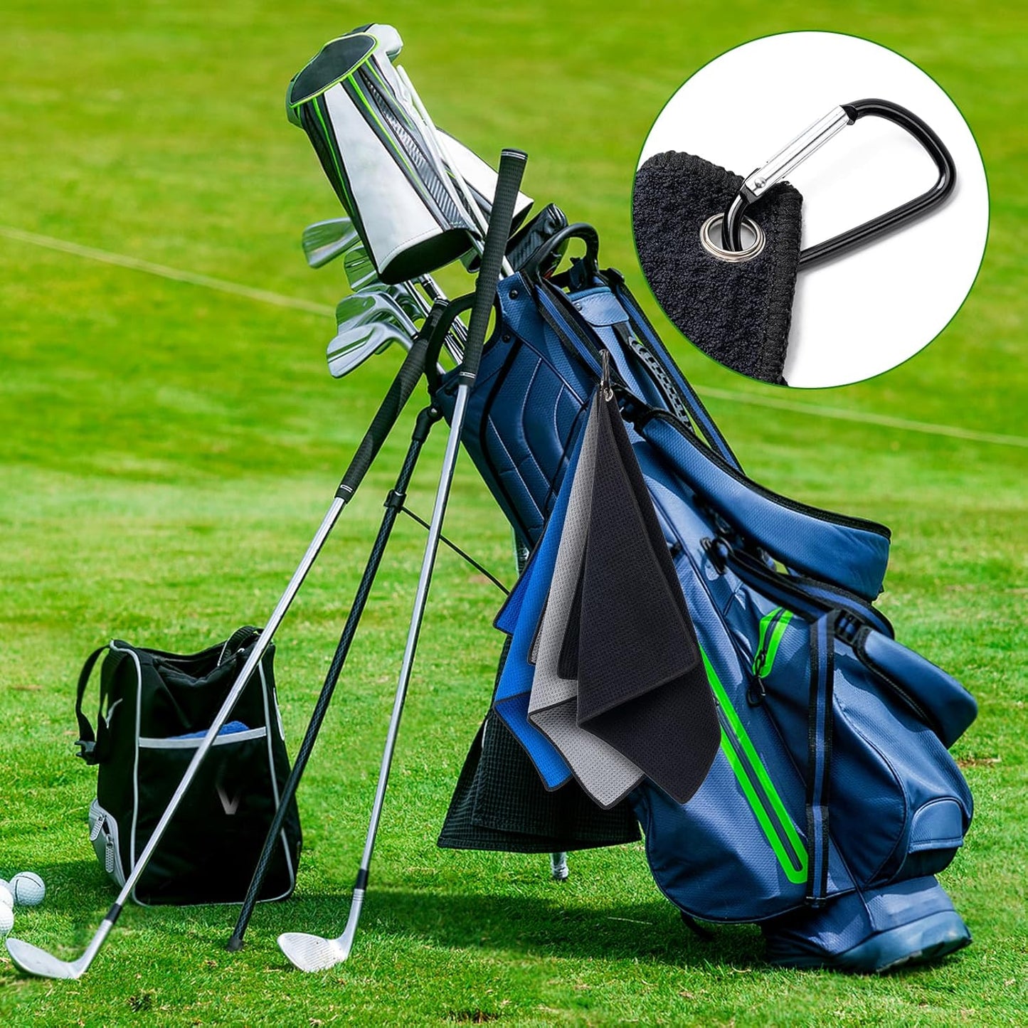 3 Pack Golf Towels(16" X 16") with Carabiner Clip,Microfiber Fabric Waffle Pattern Towels for Golf Bags,Tri-Fold Portable Towels for Men Women,Blue/Black/Gray