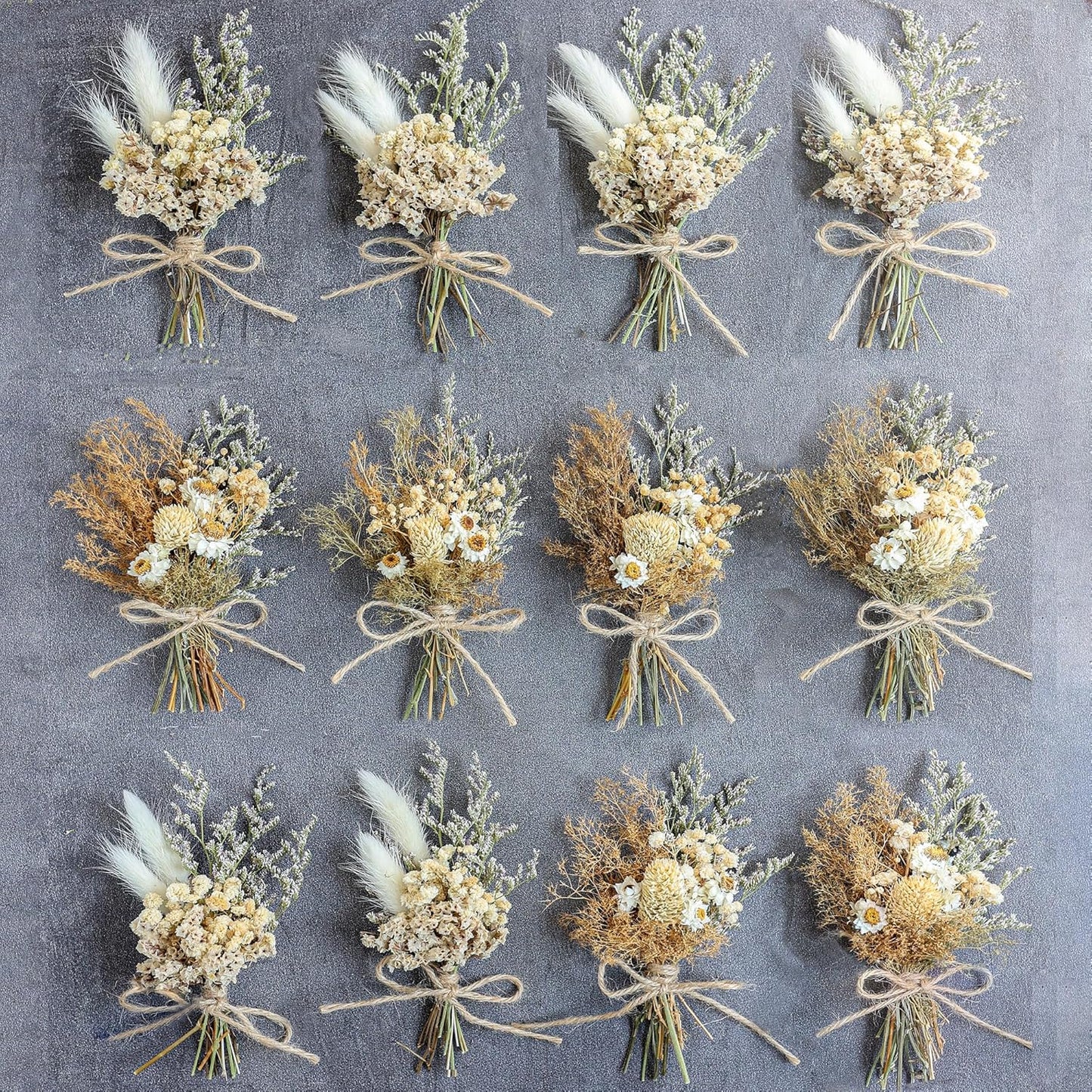 Miniature Dried Flower Bouquet Set (12 Pcs), Small Bouquets, Gift Bags of Dried Flowers, Bridesmaids Flower Girl Proposal Gift Boxes, Groomsmen Boutonnieres, Shooting Props (Brown)