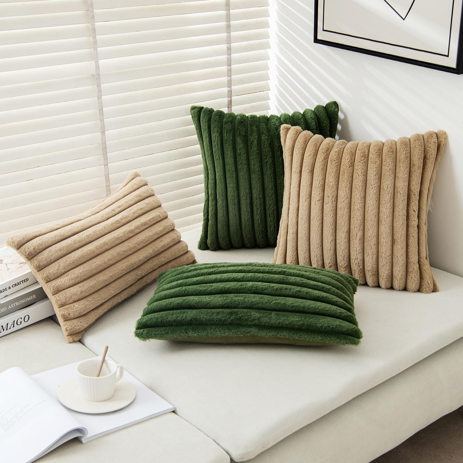 Faux Fur Plush Decorative Throw Pillow Covers Set of 2 Luxury Soft Fluffy Striped Pillowcases Cushion for Sofa Couch Bed Living Room Khaki 18X18 Inch