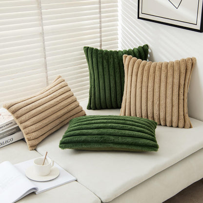 Faux Fur Plush Decorative Throw Pillow Covers Set of 2 Luxury Soft Fluffy Striped Pillowcases Cushion for Sofa Couch Bed Living Room Khaki 18X18 Inch