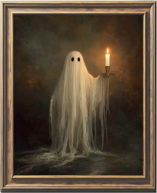 Cute Ghost Holding Candle Wall Art Print Dark Academia Room Decor Spooky Halloween Ghost Art Moody Halloween Wall Art Vintage Gothic Ghost Portrait Unframed (11X14 Inch)