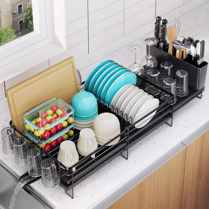 Large Dish Drying Rack - Extendable Dish Rack for Kitchen Counter, Multifunctional Dish Drainer with Drainboard Set, Dishrack with Utensil Holder & Cup Holder, 13.4"-28.7" L X 11.8" W, Black