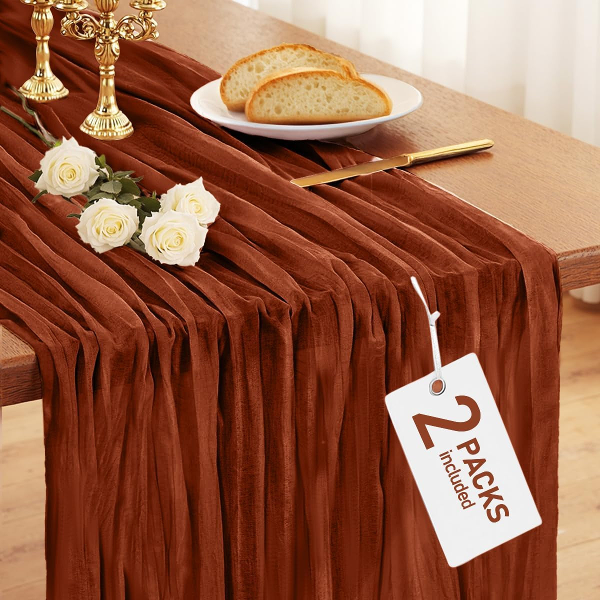 2-Pack Fall Thanksgiving Table Runner, 120'' Boho Table Cloth Decorations for Party, Baby Shower, Wedding and Farmhouse, Fabric Room Decor, Rust, Terracotta