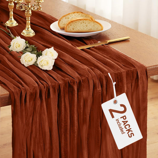 2-Pack Fall Thanksgiving Table Runner, 120'' Boho Table Cloth Decorations for Party, Baby Shower, Wedding and Farmhouse, Fabric Room Decor, Rust, Terracotta