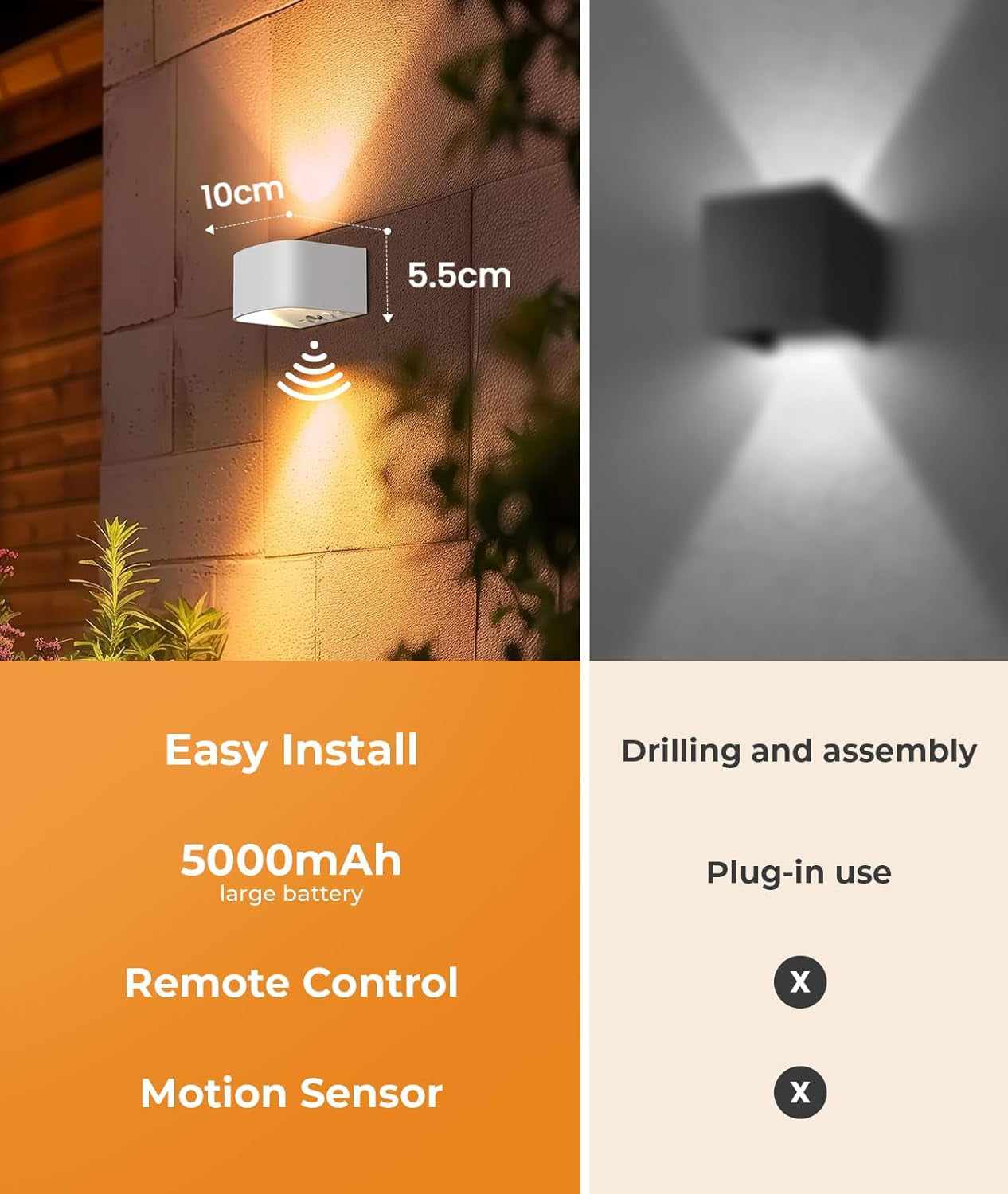 Motion Sensor Wall Light with Remote Control 3 Colors Wireless Wall Sconces LED Indoor up and down Wall Lamp 5000Mah Rechargeable Battery Powered Wall Lamps Brightness Adjustable, White 2 Pack