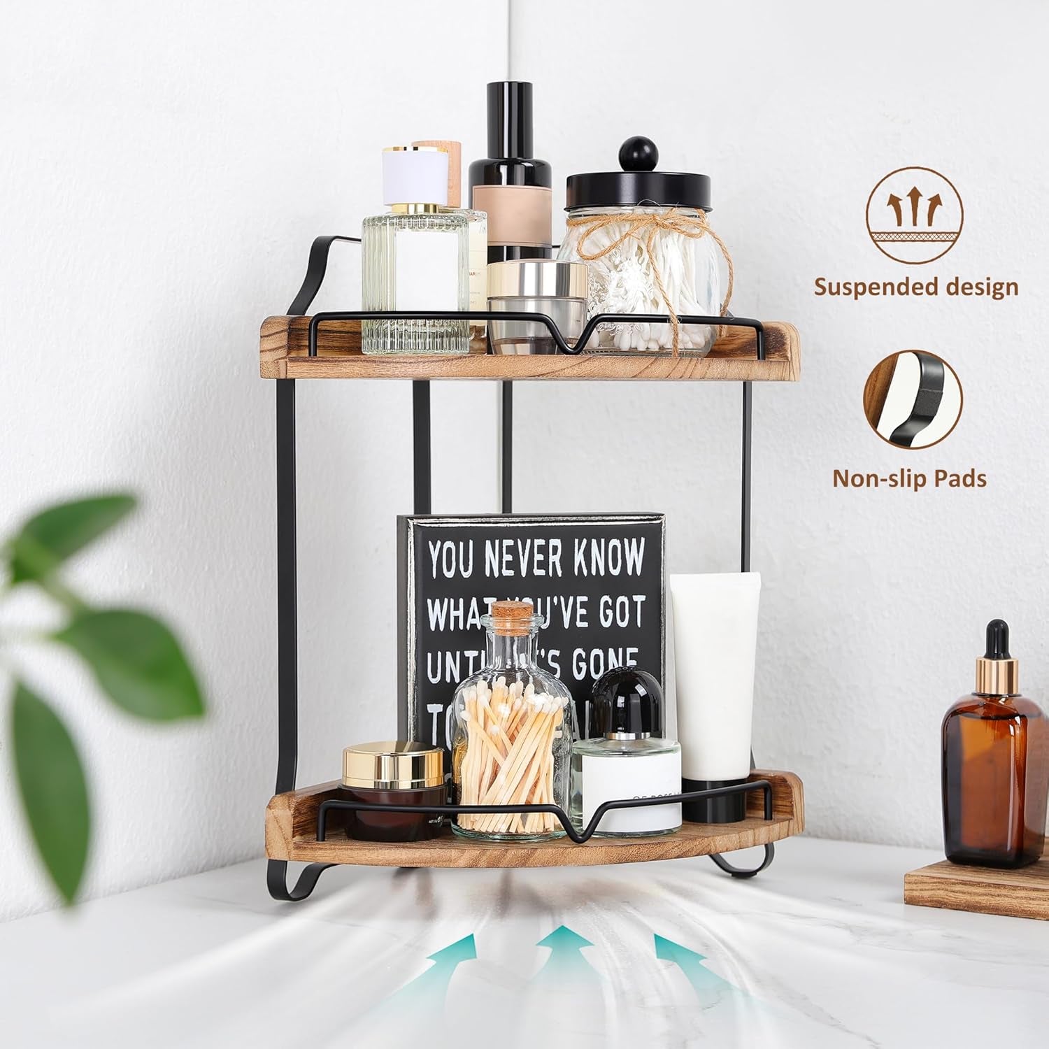 Two-Tier Wooden Corner Bathroom Countertop Organizer for Makeup and Skincare Storage
