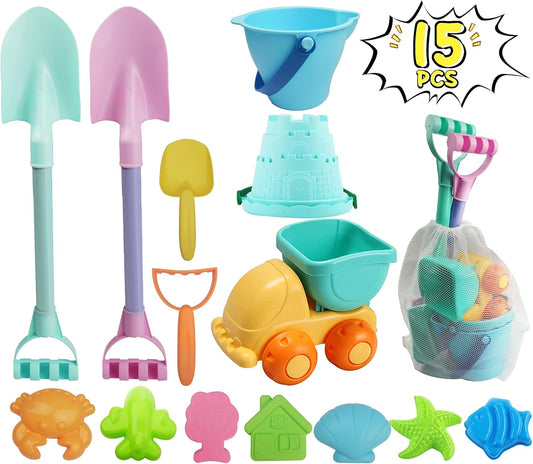 Long Shovels Sand Toys Set with Mesh Bag Including Dump Truck, Beach Buckets, Shovels, Rakes, Molds, Outdoor Beach Toys Tool Kit for Kids, Toddlers, Boys and Girls (15 PCS) Age 3+