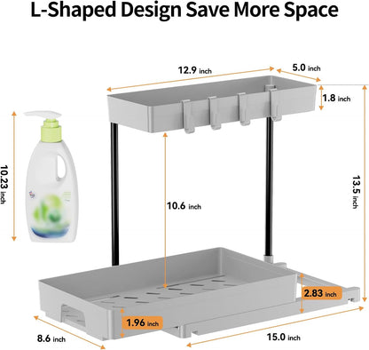 2 Pack under Sink Organizers and Storage, L-Shape Grey under Bathroom Kitchen Sink Organizer with Drawer for under Sink Storage Organizer