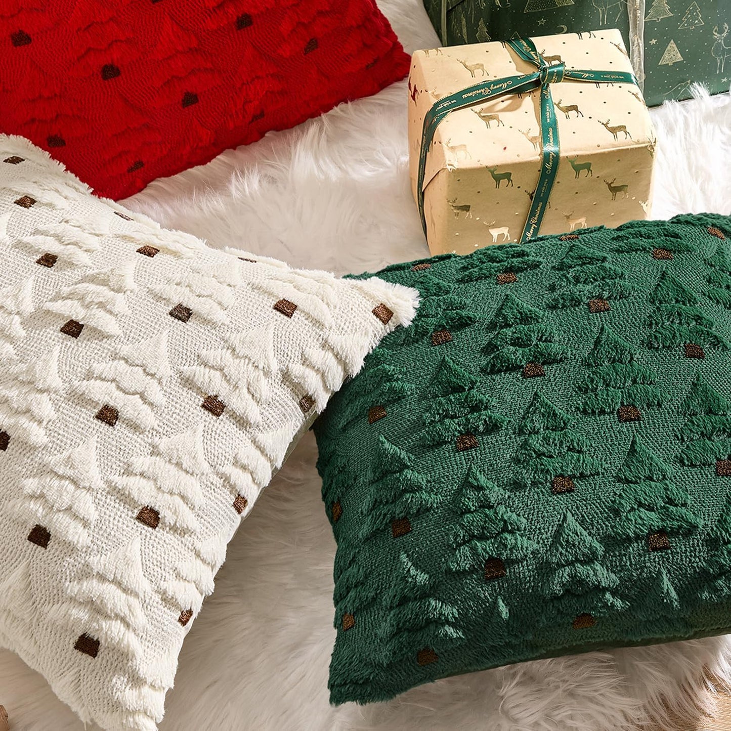 Christmas Tree Decorative Pillow Covers Faux Fur Wool Throw Pillows Soft Plush Cushion Covers Set of 2 Xmas Home Decor Winter Holiday for Sofa Couch Livingroom Bed 18X18 Inch Dark Green