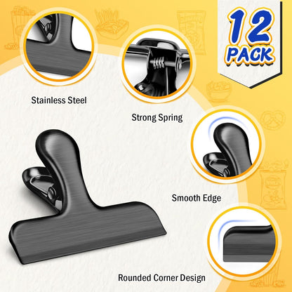 12-Pack Heavy-Duty Stainless Steel Bag Clips for Food Storage, 3-Inch Air-Tight Seal Clips for Kitchen and Office Use, Black