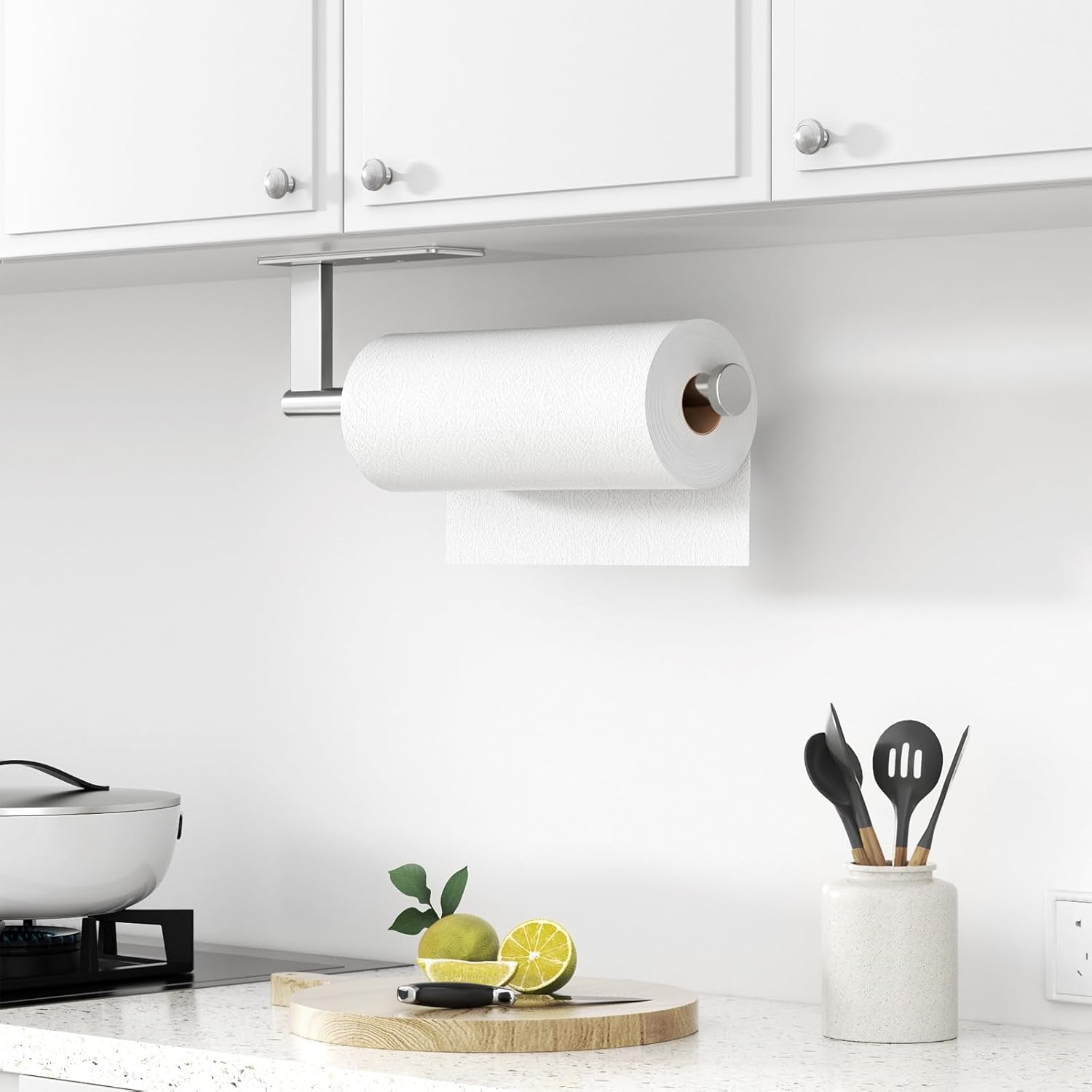 Paper Towel Holder under Cabinet - Stainless Steel Paper Towel Holder Wall Mount, Self-Adhesive or Drilling, Silver Towel Rack for Kitchen Organization and Storage, Kitchen Paper Roll Holder