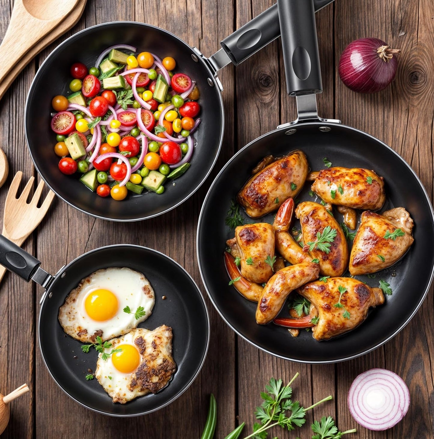 Nonstick Cookware 3 Piece Omelette Pan Skillet Set, Nonstick Frying Pans with Induction Bottom, 8, 9.5 & 11 Inches Frying Pans with Bakelite Handles, PFOA Free, Grey