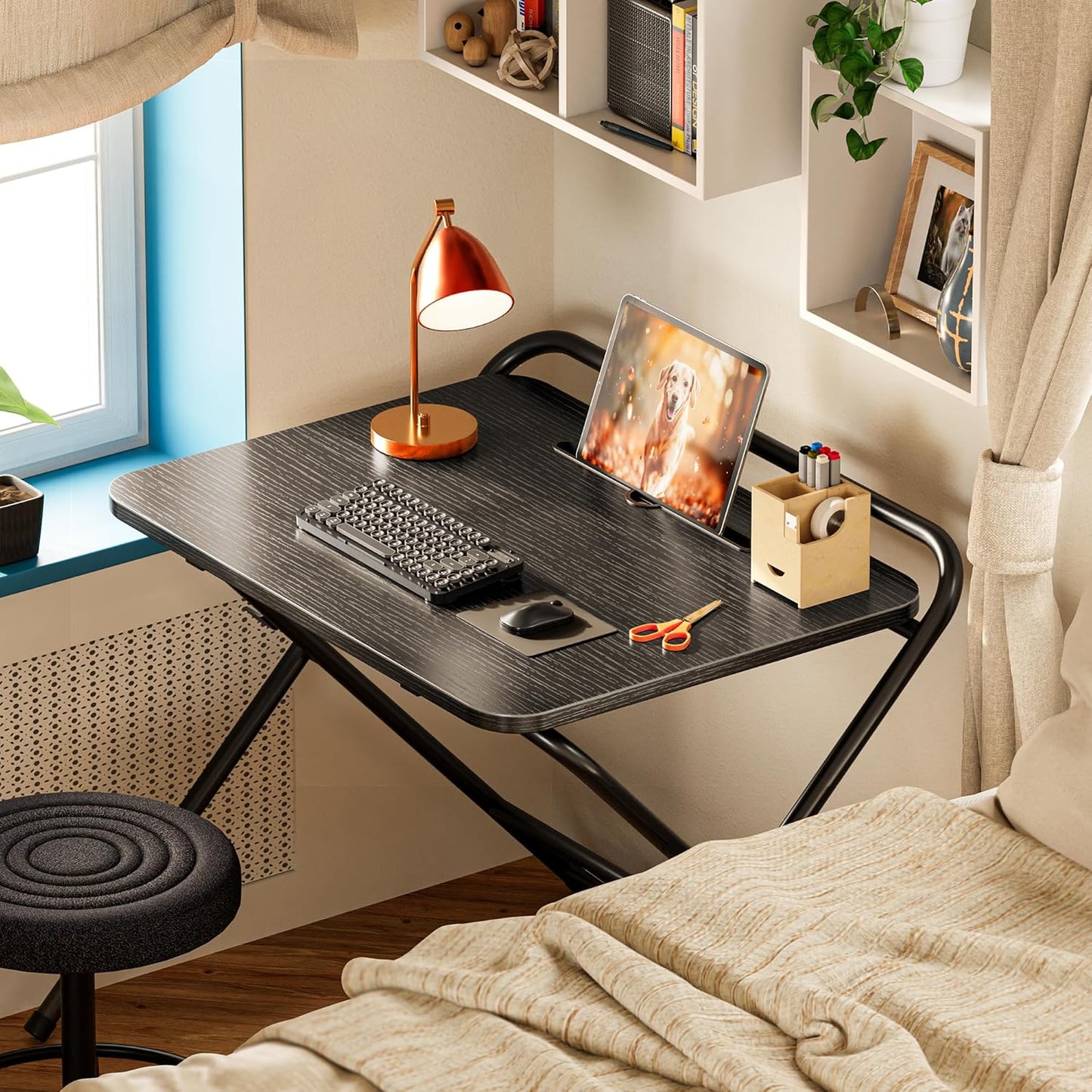 Adjustable Height Folding Desk with Tablet Slot, 24-Inch Space-Saving Computer Desk for Home Office, Bedroom, and Study, Black