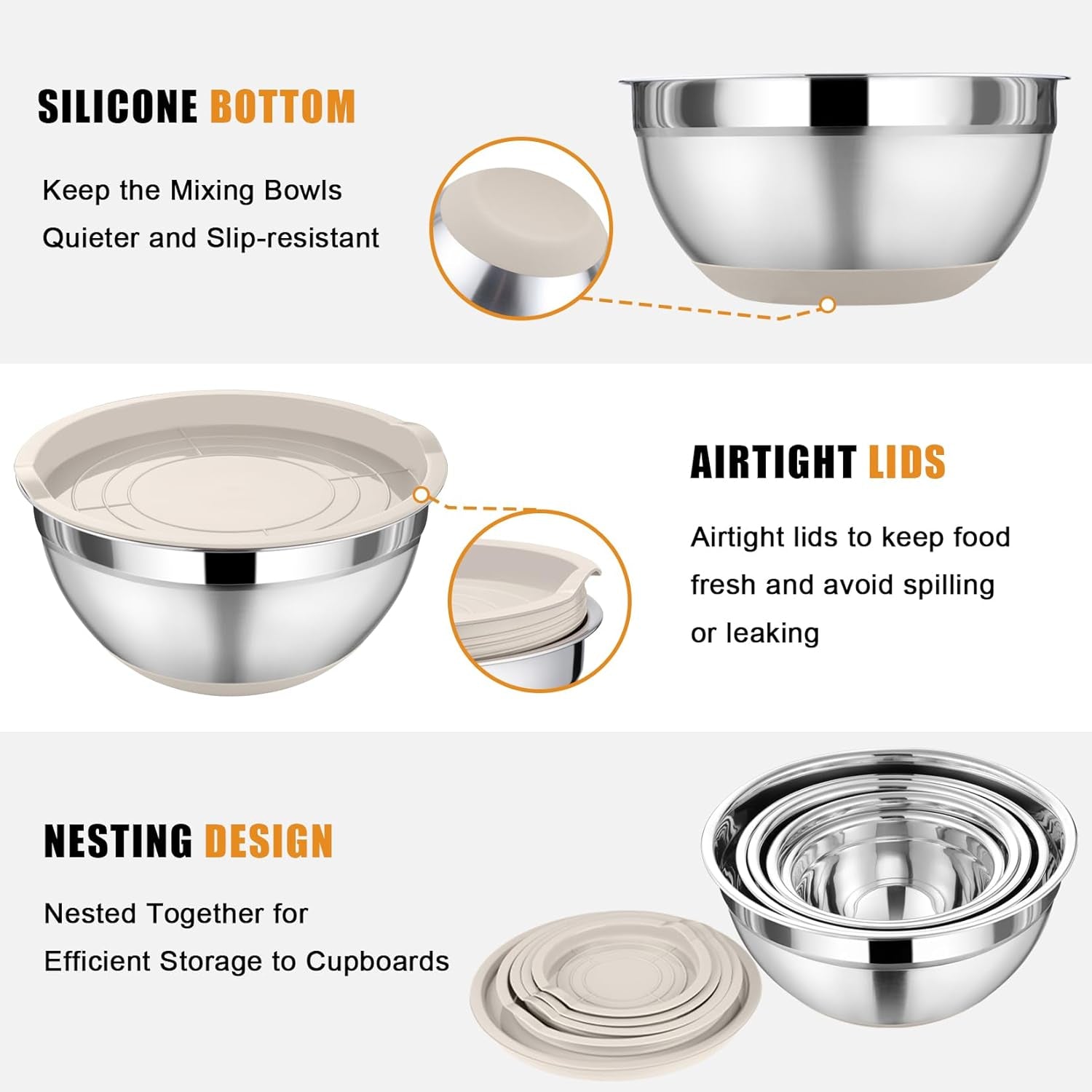 Mixing Bowl with Lid Set, 5 Piece Stainless Steel Mixing Nesting Bowls for Salad Storage, 3 Grater Attachments & Non-Slip Bottoms, Size 1/1.5/2 / 2.6/4.6 QT, Khaki