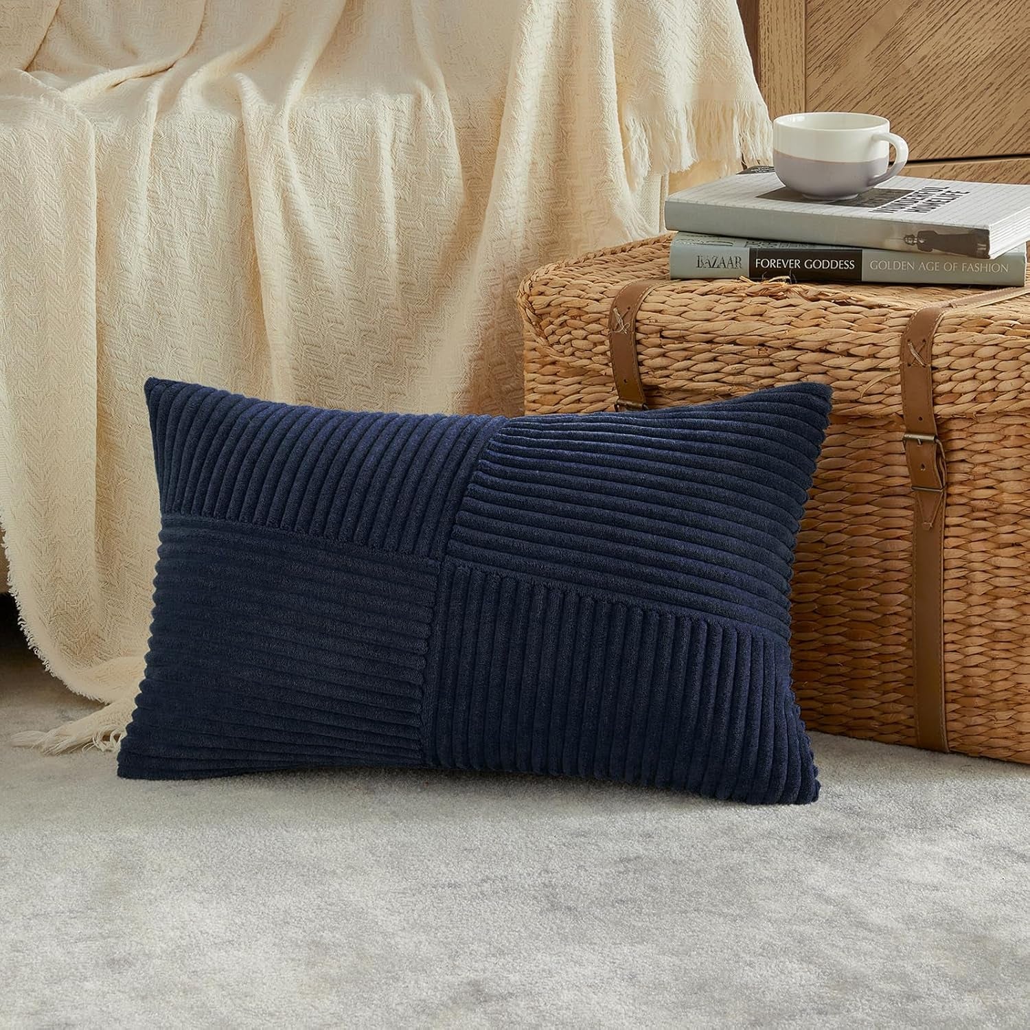 Set of 2 Navy Blue Boho Lumbar Rectangle Decorative Throw Pillow Covers 12X20 Inch with Diagonally Pattern for Couch Bed Sofa, Soft Corduroy Accent Modern Farmhouse Home Decor 30X50 Cm