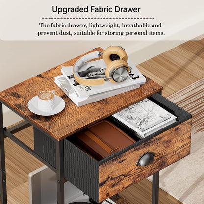 End Table with Storage Shelf and Fabric Drawer, 2 Tiers Industrial Nightstand, Bedside Table Organizer for Living Room Bedroom, Rustic Brown, Easy Assembly