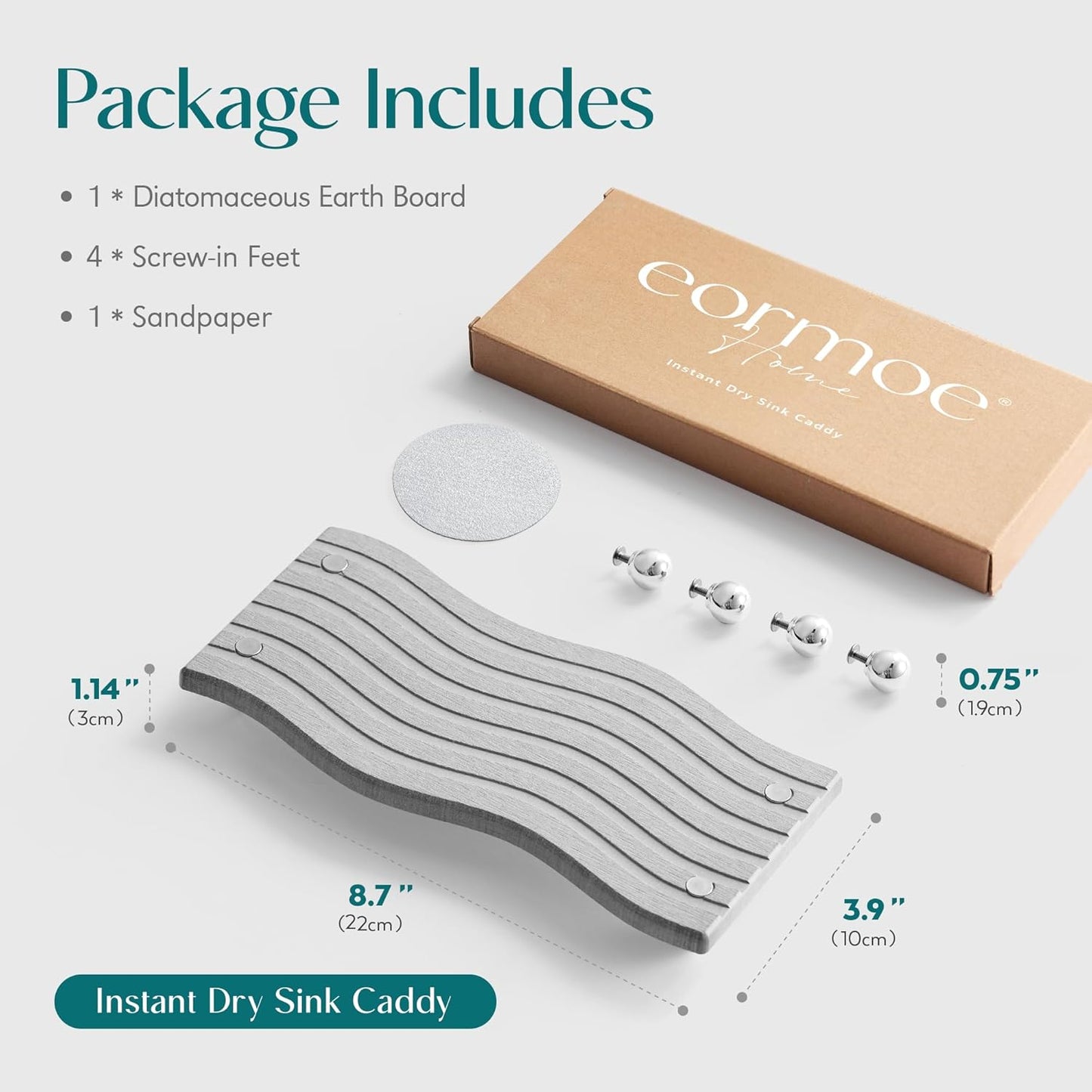 Water Absorbing Stone Tray for Sink, Diatomite Drying Stone for Kitchen Bathroom Counter, Decorative Raised-Feet Vanity Tray, Sink Caddy Organizer for Dish Soap & Sponge Holder [Grey, 9'' X 4'']