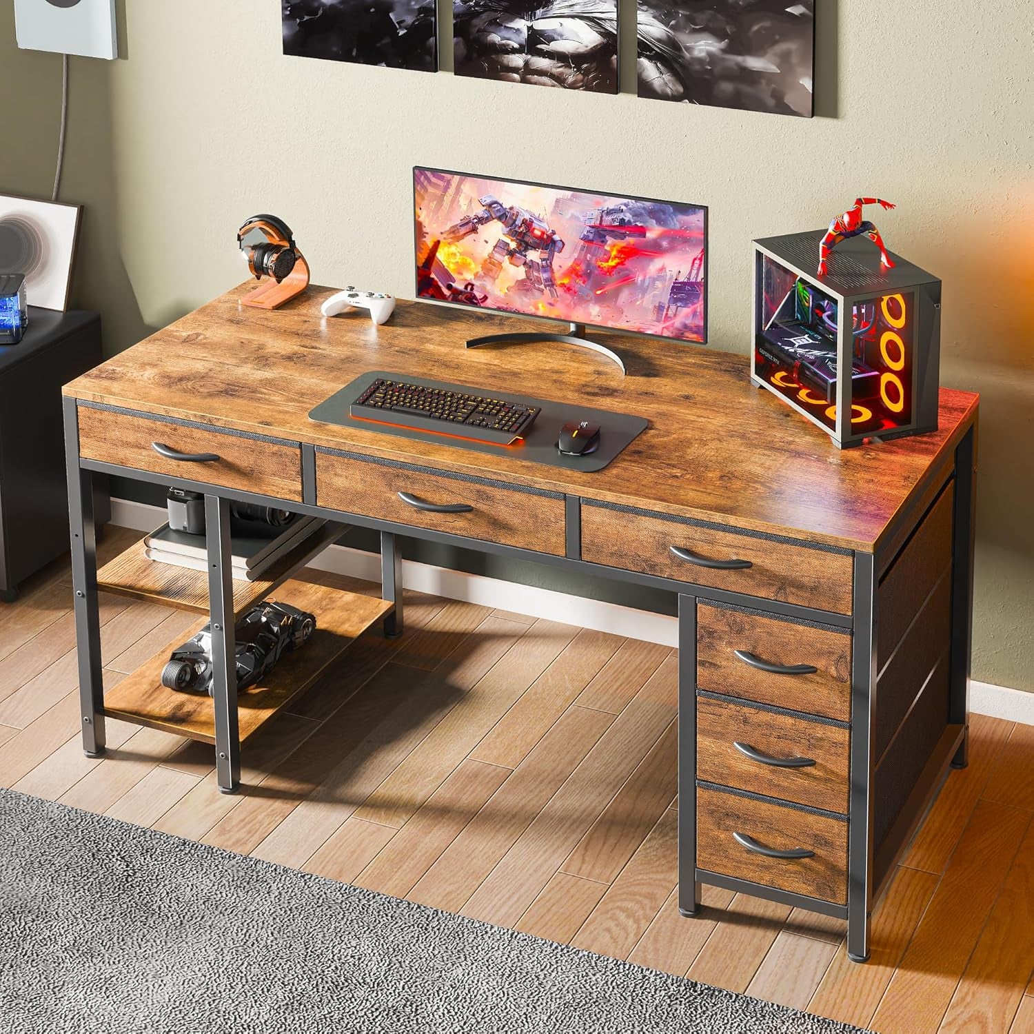47-Inch Rustic Brown Computer Desk with 6 Drawers and Shelves, Reversible Corner Gaming Desk for Home Office, Study, and Living Room