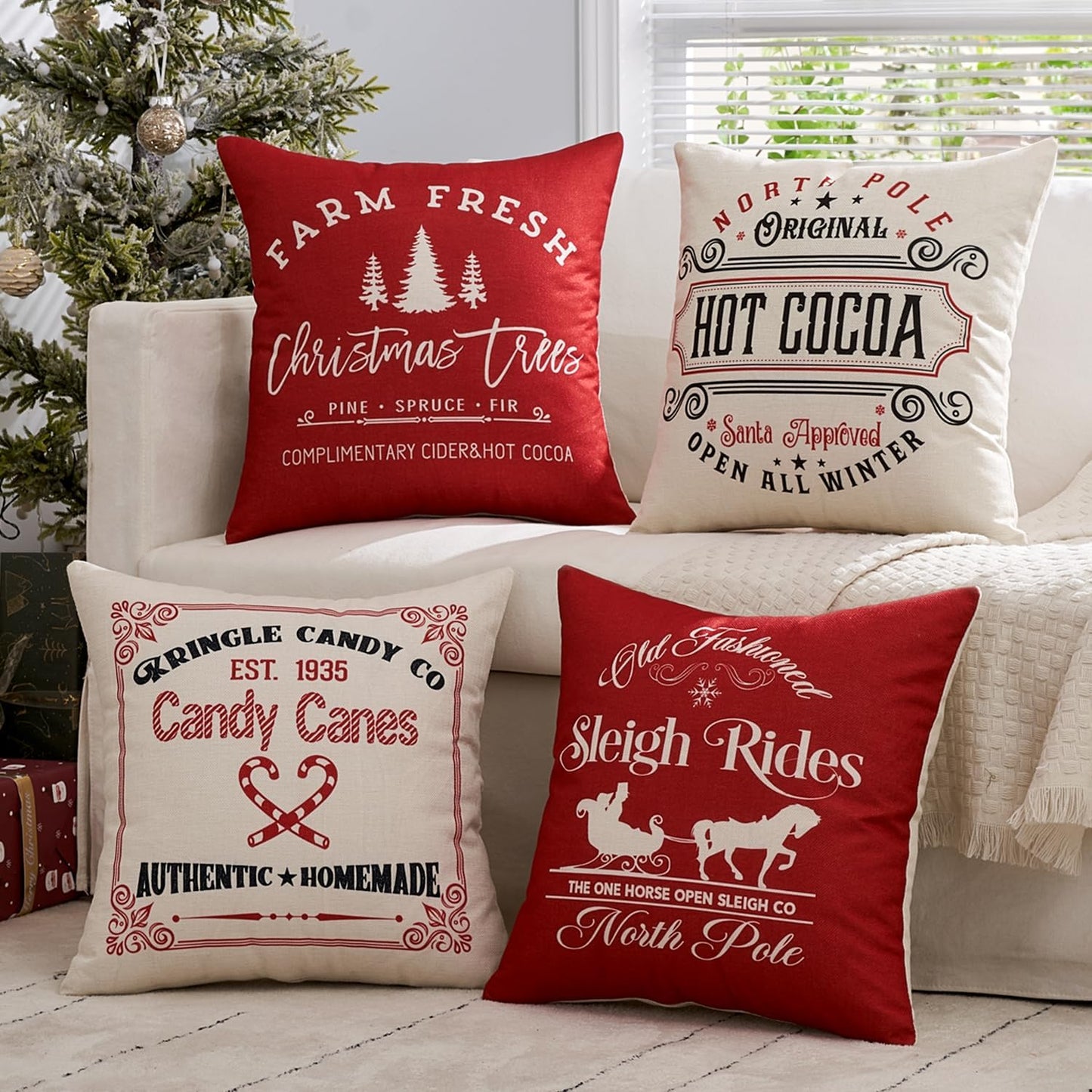 Set of 4 Holiday Red Decorative Pillow Covers 16X16 Inch Candy Canes Sleigh Christmas Tree Throw Pillow Cases Winter Seasonal Cushion Cases Home Decors for Sofa Couch Bedroom