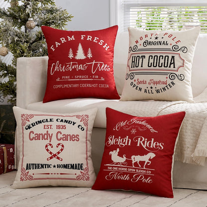 Set of 4 Holiday Red Decorative Pillow Covers 16X16 Inch Candy Canes Sleigh Christmas Tree Throw Pillow Cases Winter Seasonal Cushion Cases Home Decors for Sofa Couch Bedroom