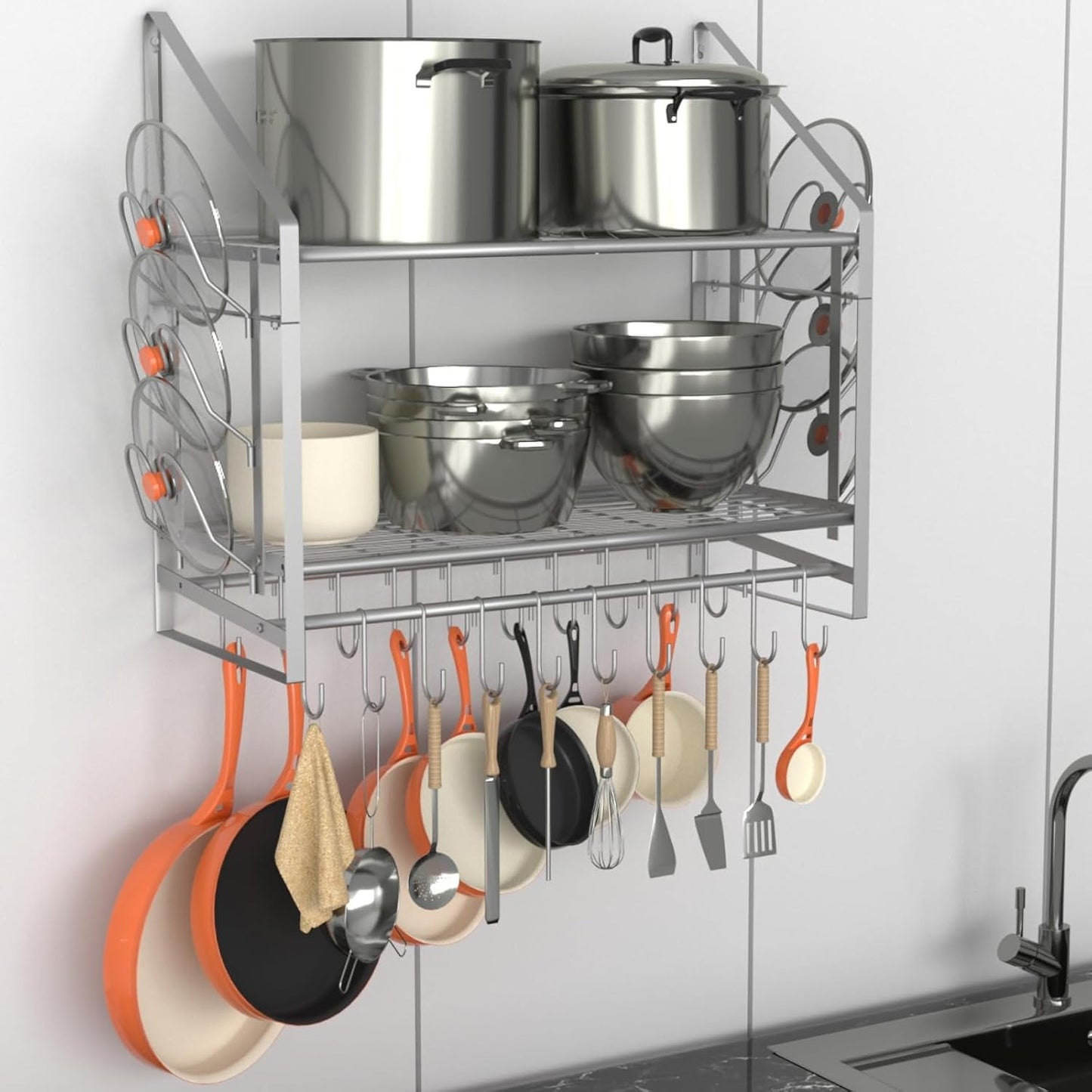 28 Inch Pot Rack Wall Mounted, 2 Tier Pots and Pans Organizer with 20 Hooks and 6 Pot Lid Holders, Heavy Duty Steel Pot and Pan Hanger for Kitchen Cookware Utensils Storage, Silver