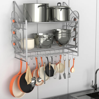 28 Inch Pot Rack Wall Mounted, 2 Tier Pots and Pans Organizer with 20 Hooks and 6 Pot Lid Holders, Heavy Duty Steel Pot and Pan Hanger for Kitchen Cookware Utensils Storage, Silver