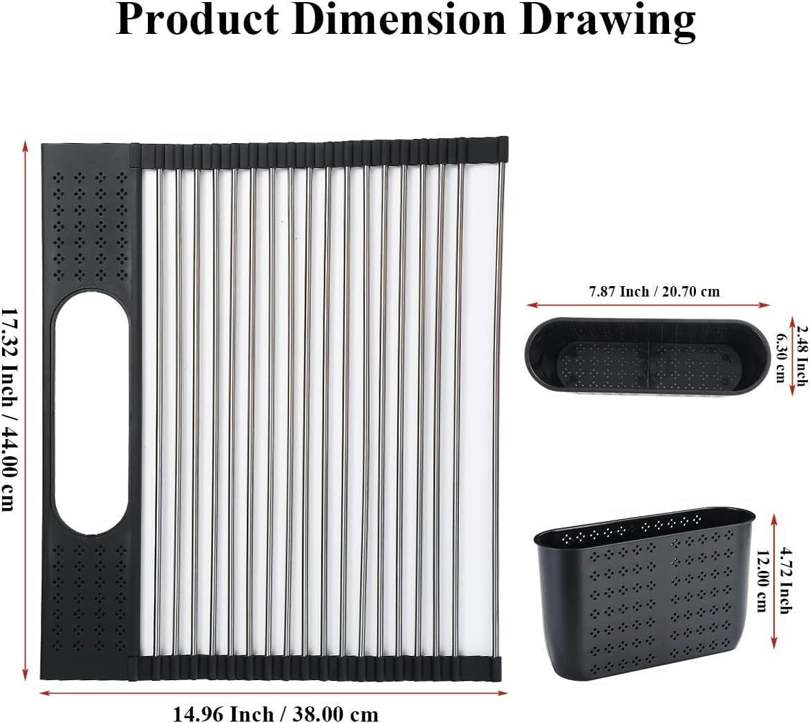 Over-the-Sink Dish Drying Rack, 17.5" x 15" Rollable Stainless Steel with Removable Storage Basket for Kitchen Use