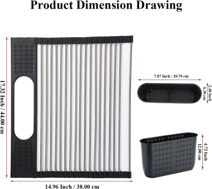 Over-the-Sink Dish Drying Rack, 17.5" x 15" Rollable Stainless Steel with Removable Storage Basket for Kitchen Use