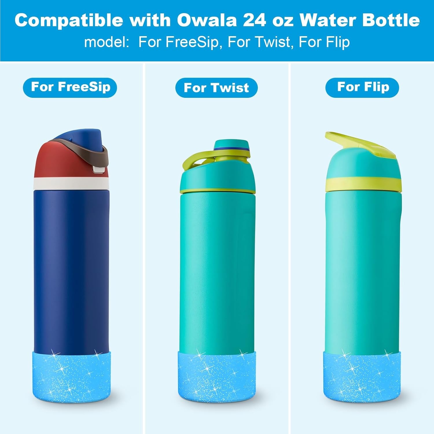 2 PCS Glitter Silicone Boot for Owala Water Bottle, Anti-Slip Protective Sleeve for Freesip/Twist/Flip Stainless Steel Water Bottles Accessories