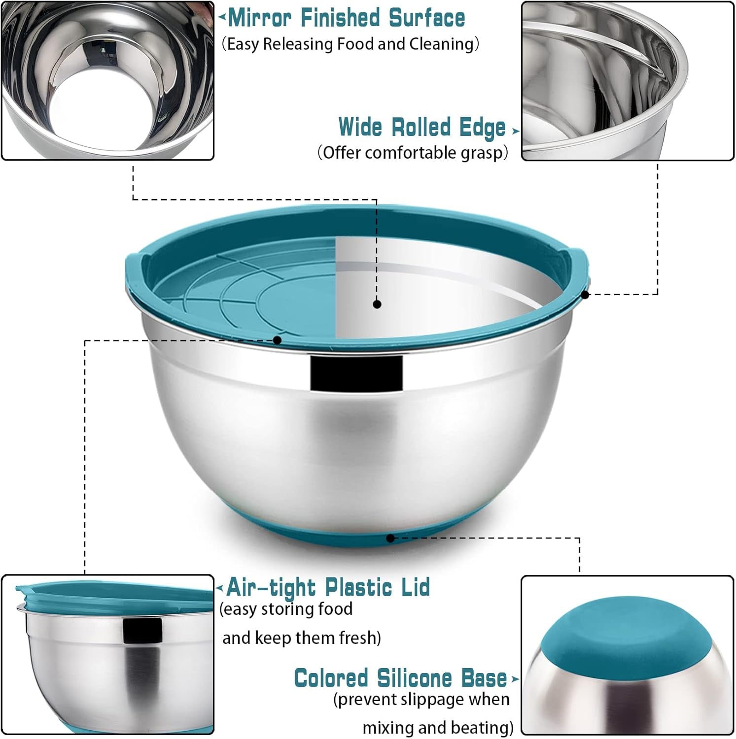 Mixing Bowls with Lids Set of 5, Stainless Steel Nesting Salad Bowl with Lid & Base for Non-Slip Mixing Prepping Storing Serving, 5 Sizes-7/3.5/2.5/1.5/1 QT, Blue