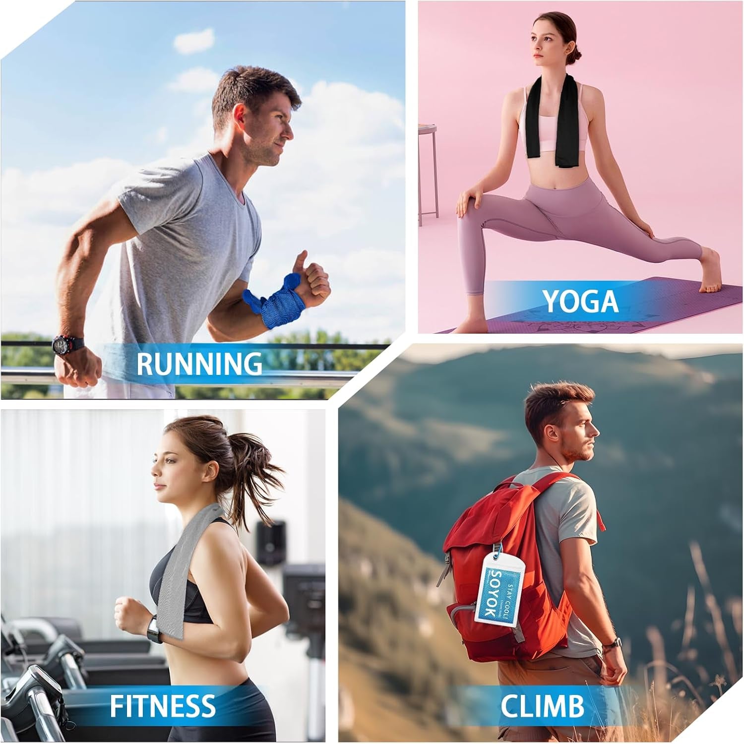 4 Packs Cooling Towel, 40" X 12" Microfiber Cooling Towels for Neck and Face, Soft Breathable Gym Towel for Working Out with Waterproof Bag & Carabiner, Sweat Towels for Running, Yoga, Travel, Climb