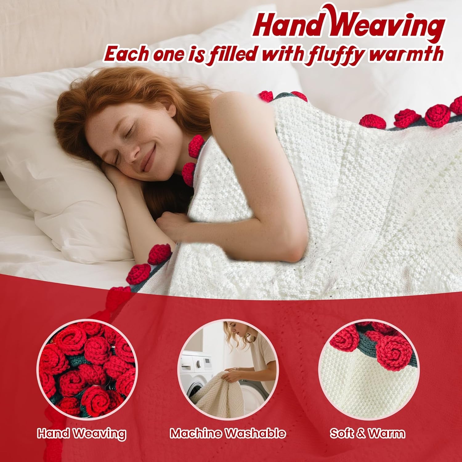 Finished Flower Bouquet Blanket, Handmade Crochet Flower Blanket, Soft Knitted Throw Rose Blankets, Romantic Gift for Birthday Wedding Valentine’S Day Mother'S Day Christmas (Rose, 31 Inch)