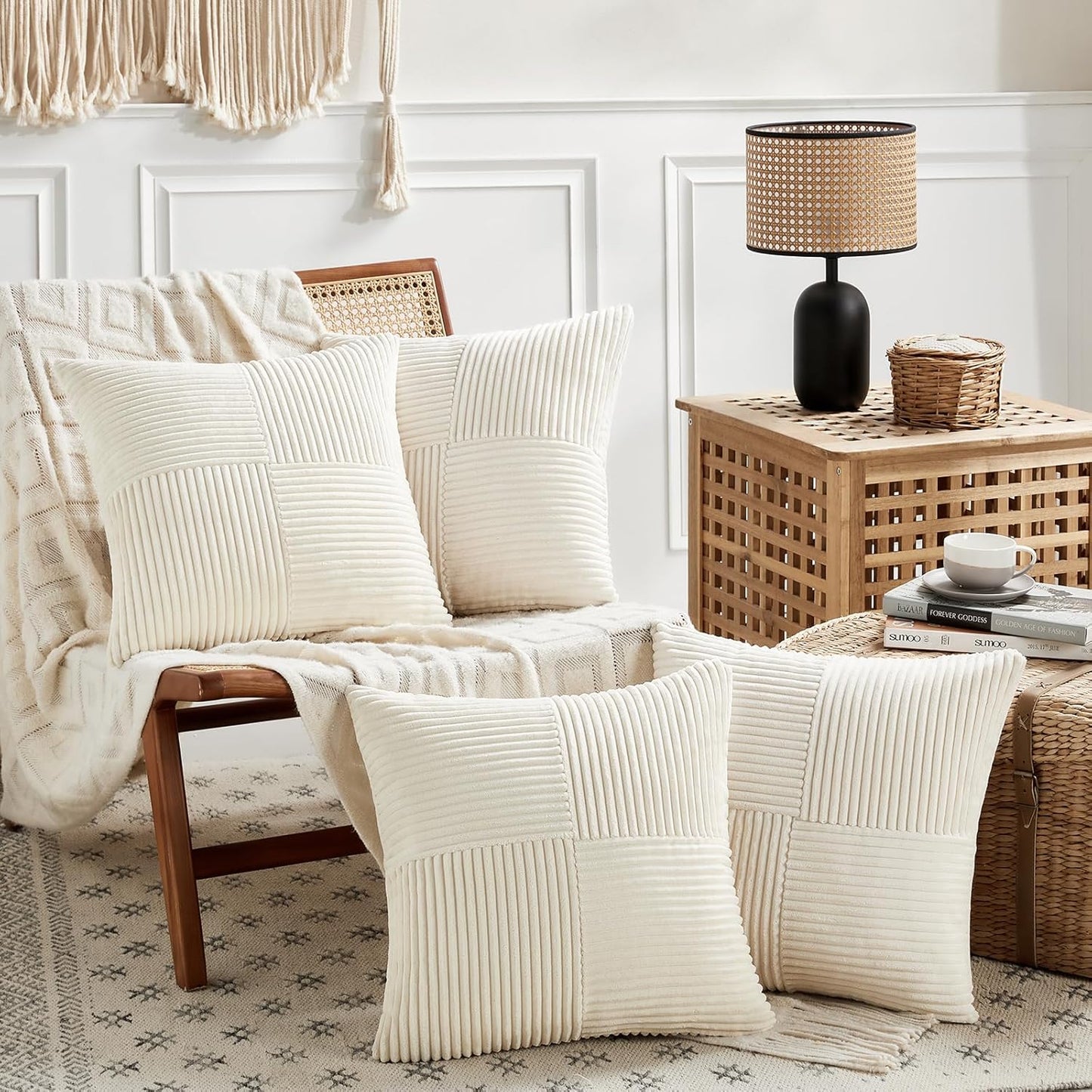 4 Packs Boho Cream Decorative Throw Pillow Covers 18X18 Inch for Living Room Couch Bed Sofa, Rustic Farmhouse Home Decor, Soft Cross Corduroy Patchwork Textured Square Cushion Case 45X45 Cm