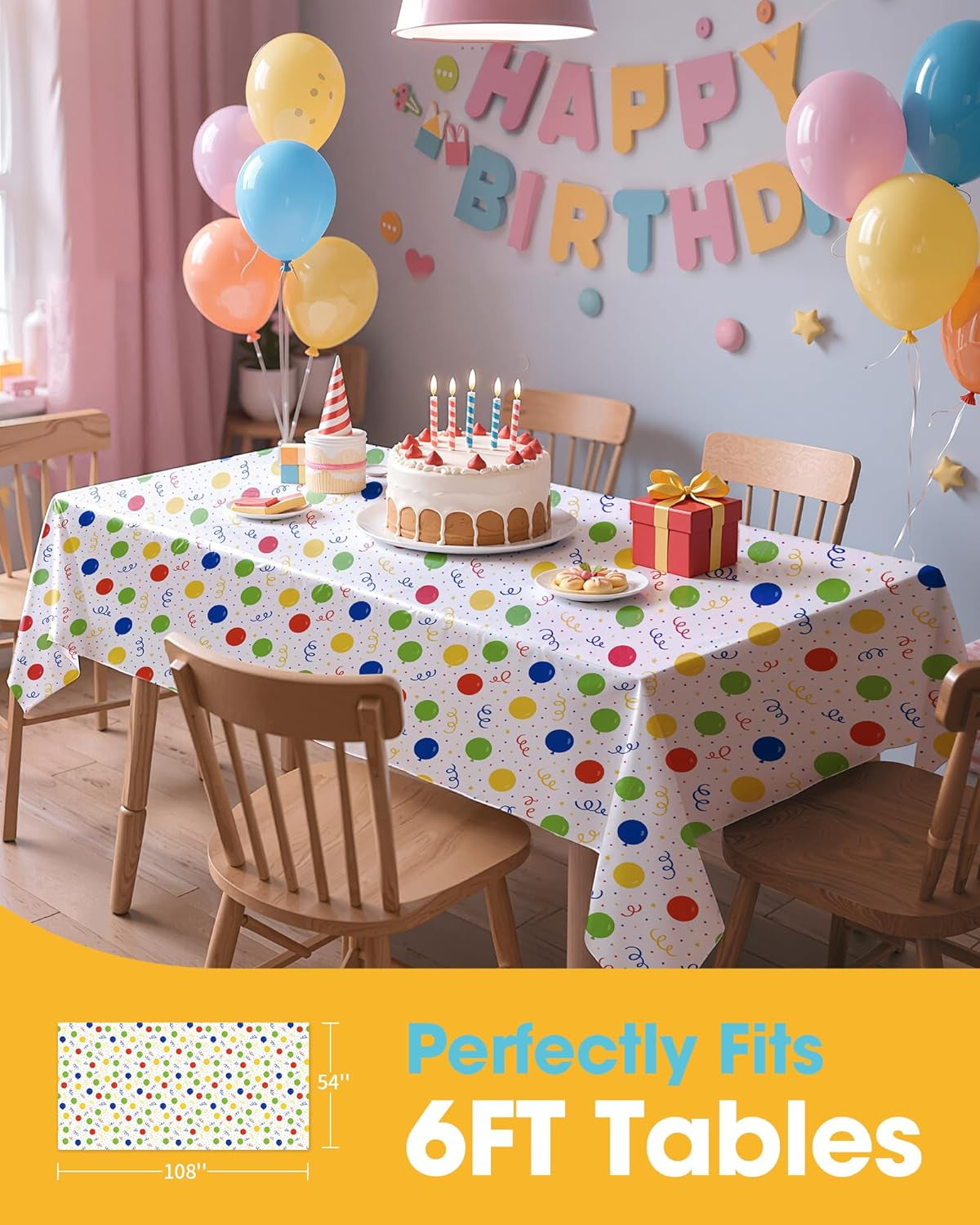 Birthday Balloon Plastic Table Cloth Rectangle Table 4 Pack, 54''×108'' Tablecloth for 6Ft Tables, Table Cloth for Disposable Use, Table Cover for Holiday Party, Gathering
