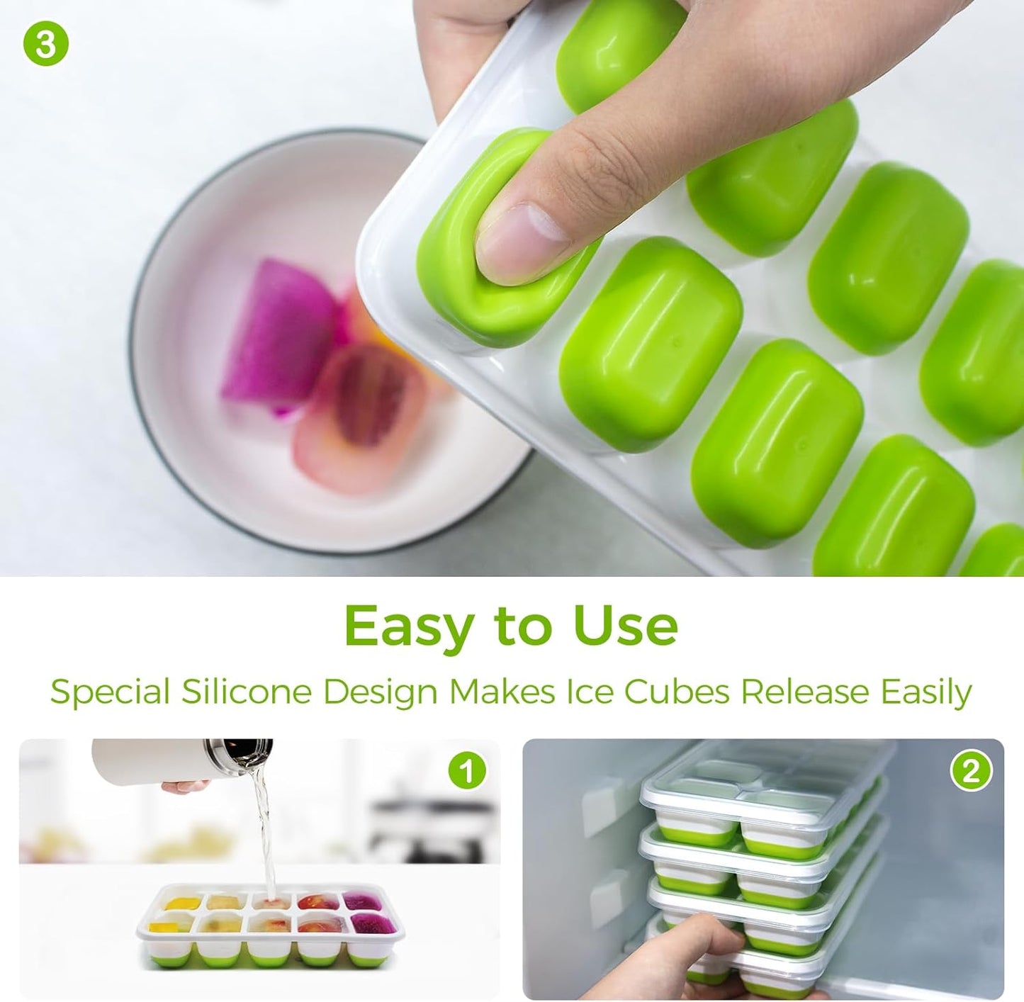 Ice Cube Trays 4 Pack, 40 Pcs Silicone Ice Cubes Tray Maker with Spill-Resistant Removable Lid, Easy Release & Pop Out, LFGB and BPA Free, Stackable Flexible, for Soup, Food, Cocktail, Coffee