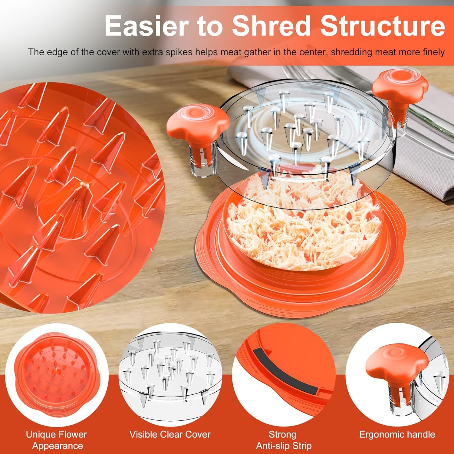 Chicken Shredder Large Chicken Breast Shredder Tool Twist with Brush&Fork, Visible Meat Shredder Machine, Anti-Slip Strip, Ergonomic Handle, BPA Free, Suitable for Pork Beef Chicken(Orange)