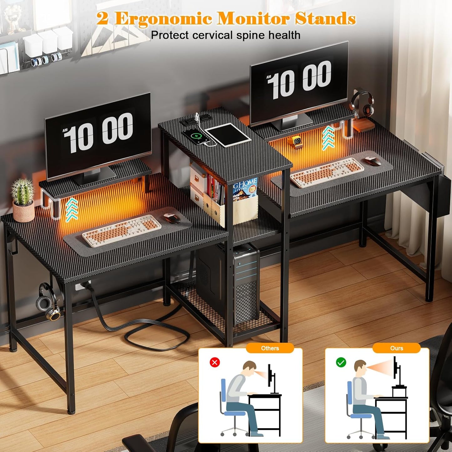 2 Person Gaming Desk with LED Lights, 71 Inch Computer Desk with Power Outlets and Monitor Stand, Double Desk with Storage Bag and Headphone Hooks, Study Writing Table for Home Office, Black