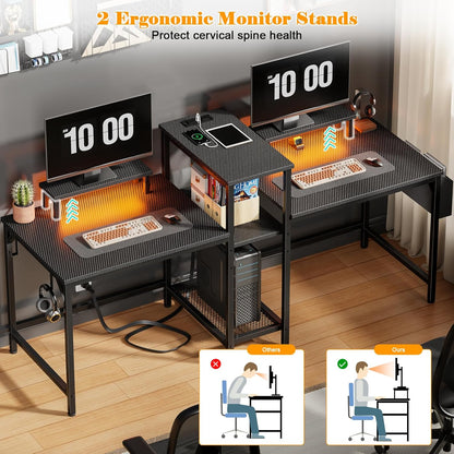 2 Person Gaming Desk with LED Lights, 71 Inch Computer Desk with Power Outlets and Monitor Stand, Double Desk with Storage Bag and Headphone Hooks, Study Writing Table for Home Office, Black