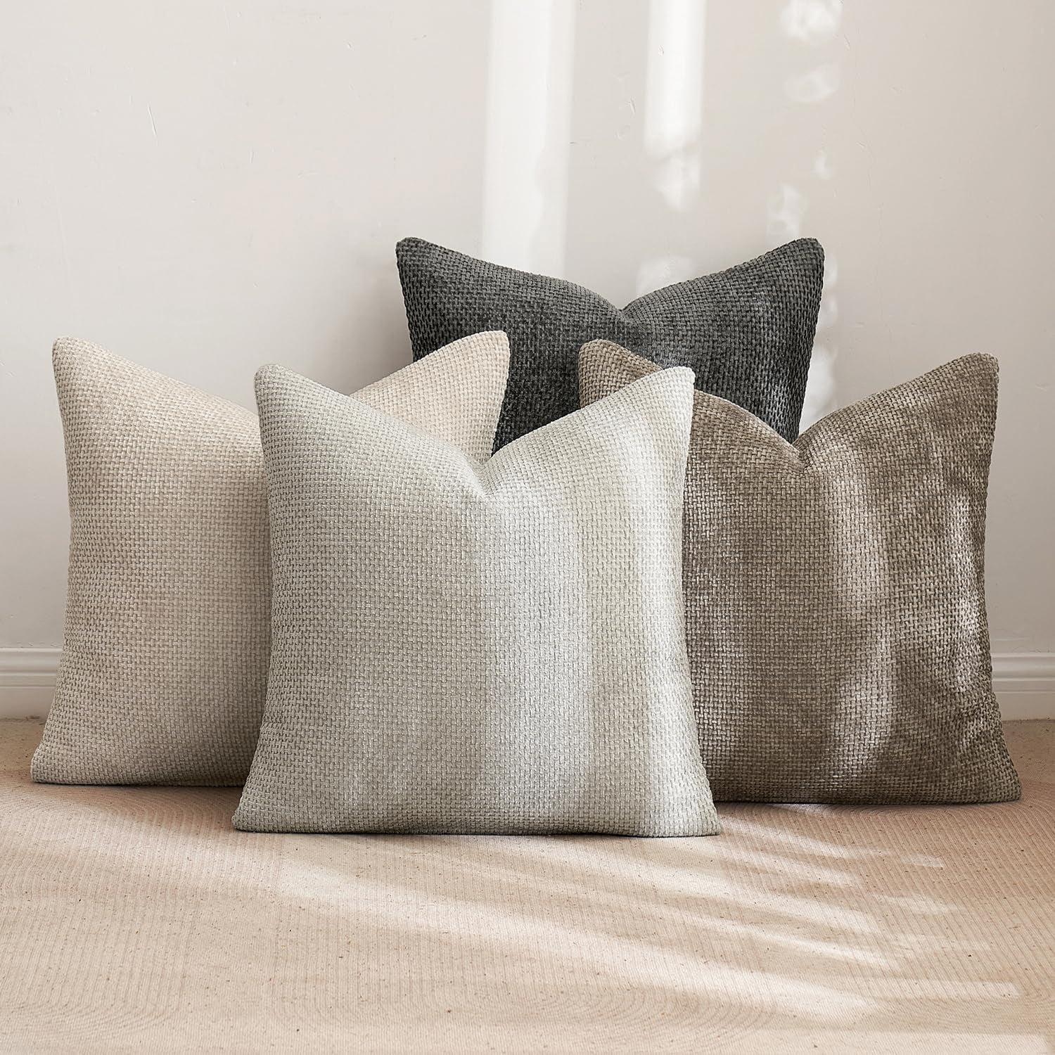 Set of 4 18x18 Inch Neutral Chenille Throw Pillow Covers - Soft Decorative Cushion Covers for Farmhouse Boho and Mid-Century Modern Home Decor in Sofa, Bedroom, and Living Room