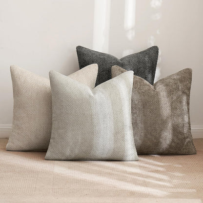 Set of 4 18x18 Inch Neutral Chenille Throw Pillow Covers - Soft Decorative Cushion Covers for Farmhouse Boho and Mid-Century Modern Home Decor in Sofa, Bedroom, and Living Room