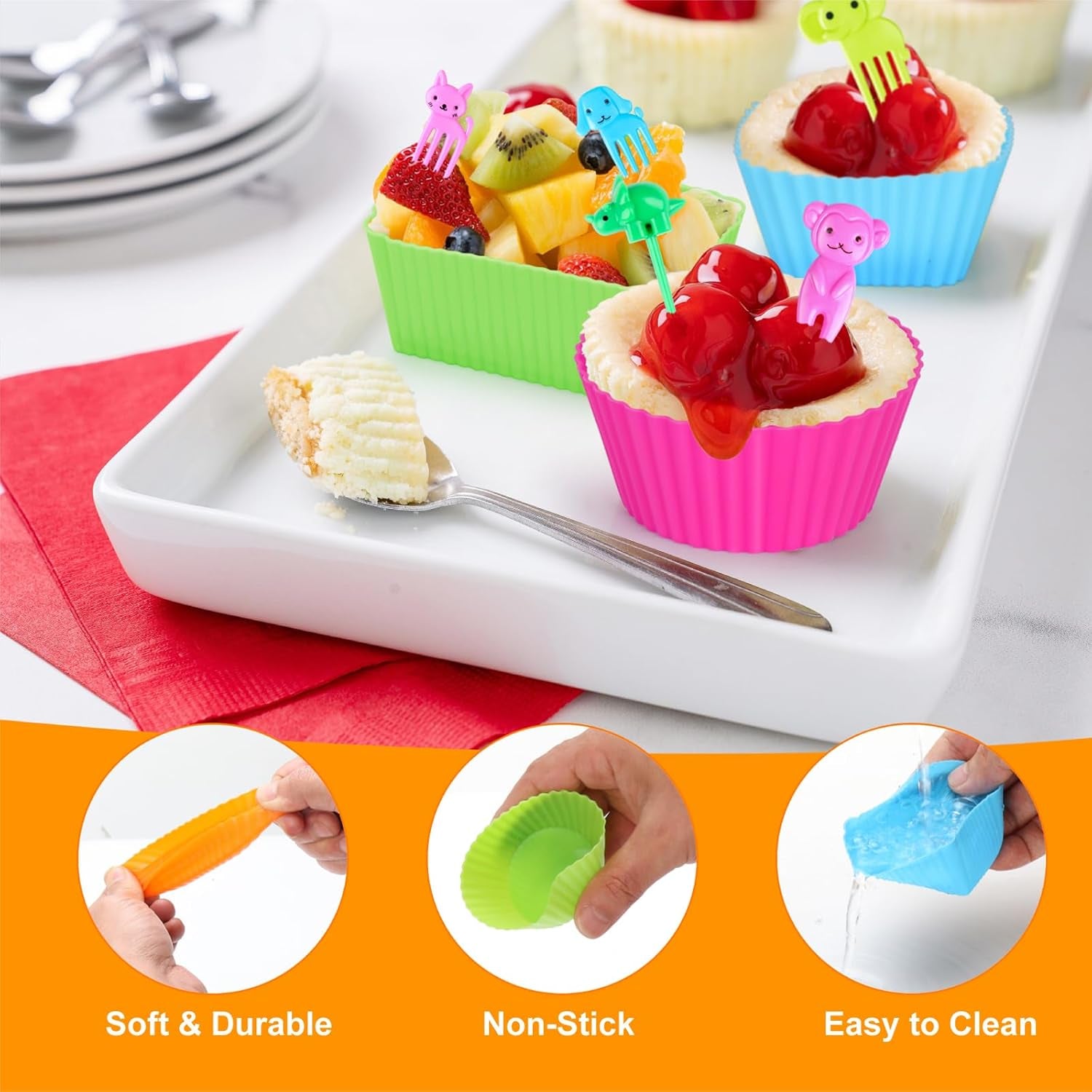 222 Pcs Silicone Lunch Box Dividers Set, Thicked Silicone Cupcake Liners for Baking, Reusable Lunch Bento Box Accessories with Animal Food Picks for Kids (20 Muffin Cups + 202 Food Picks)