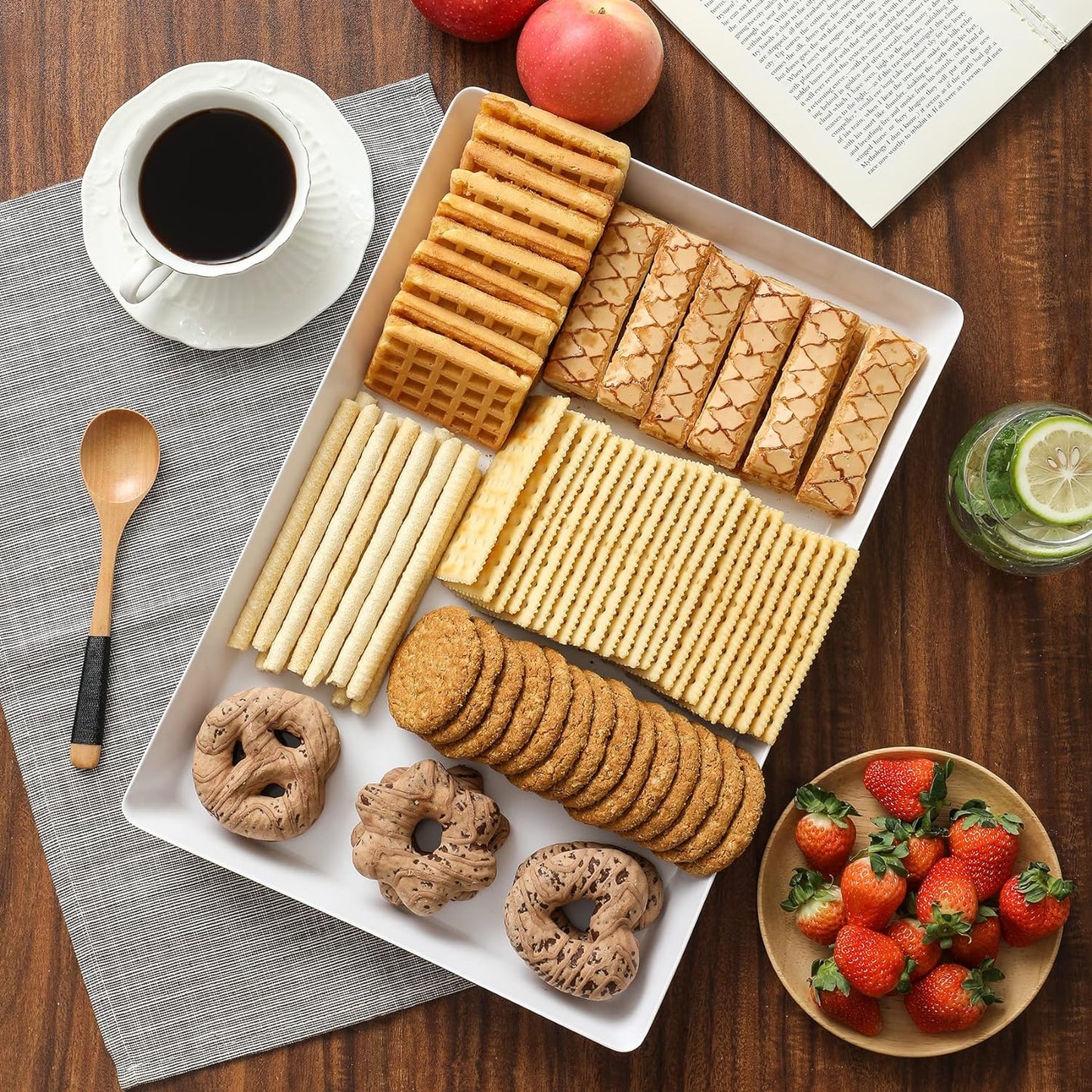 3 Pack, 16" X 11" Large White Serving Trays Set - Reusable Plastic Serving Platters for Cookie, Appetizer, Charcuterie, Snack, Dessert, Party Food Display - Stackable Kitchen Countertop Tray, BPA Free