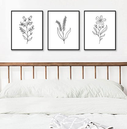 Minimal Line Botanical Prints, Flower Line Art Prints, Set of 3, Gallery Wall Art, Botanical Prints, Wild Flowers Art, Floral Line Art, Minimal Floral Decor, 11X14Inch Unframed